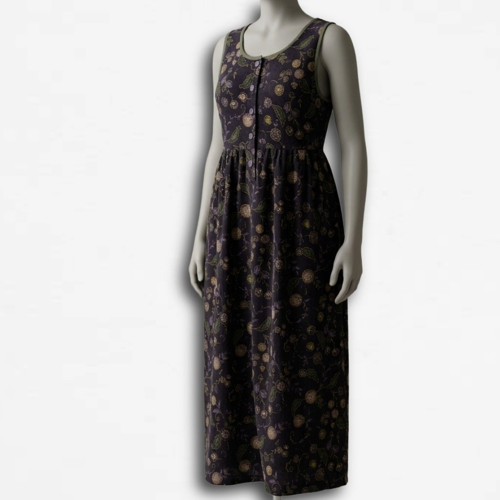 Expressions Vintage Purple Floral Corduroy Maxi Dress Sleeveless Button Front S